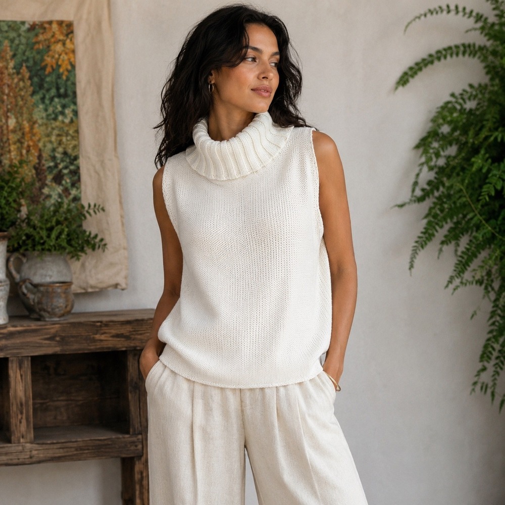Vtg City Silk Ivory Sleeveless Cowl Turtleneck Sweater Vest XL Cotton Acrylic